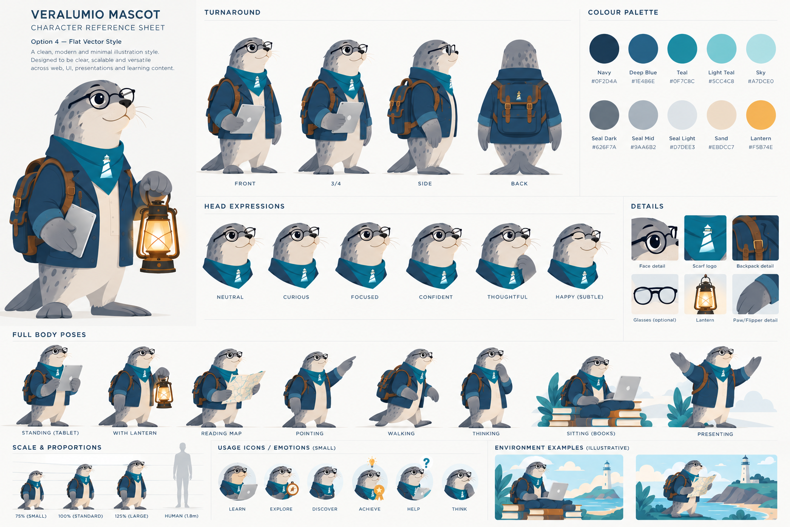Lumi, Veralumio’s seal guide, wearing glasses and a teal scarf and carrying a lantern
